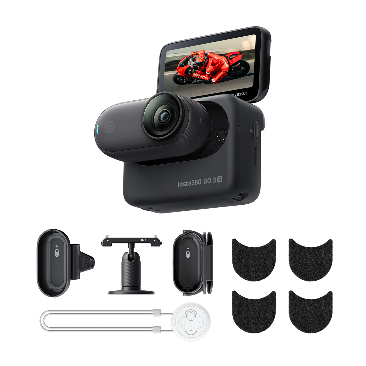 Insta360 GO 3S Helmet Mount Bundle, black 128GB camera and included accessories