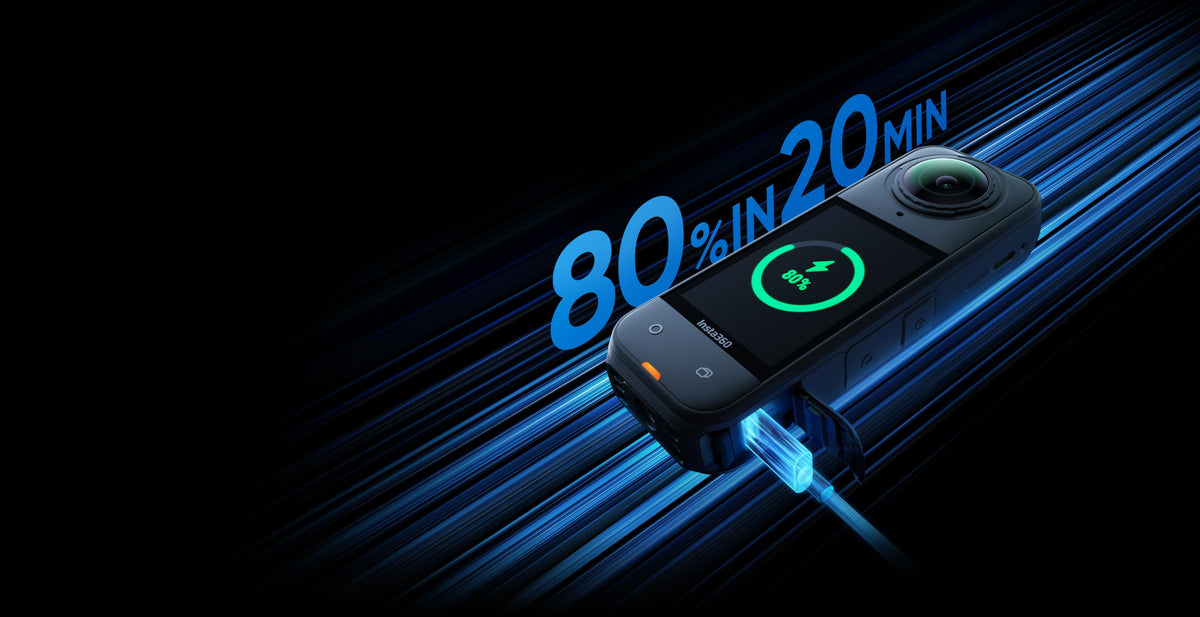 Insta360 X5 battery and fast charging feature graphic