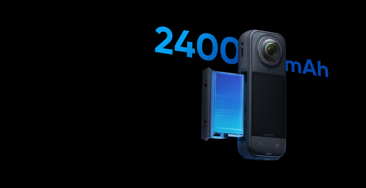 Insta360 X5 long-life 2400mAh battery feature graphic