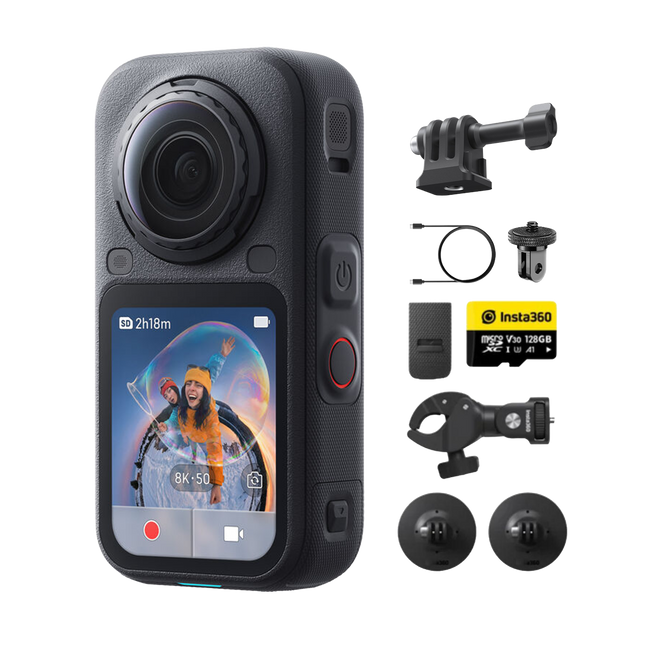 Insta360 X6 Pro Motorcycle Bundle, black camera and included motorcycle bundle accessories