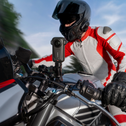 Insta360 X6 Pro Motorcycle Bundle, black camera mounted on a motorcycle