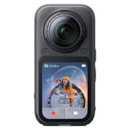Insta360 X6 Pro Motorcycle Bundle, black camera, touchscreen front view