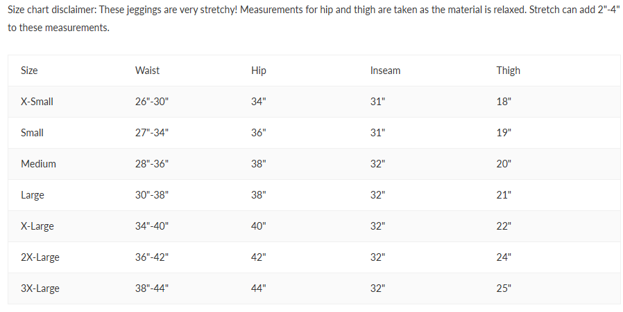 Women’s Kevlar motorcycle jeggings size chart