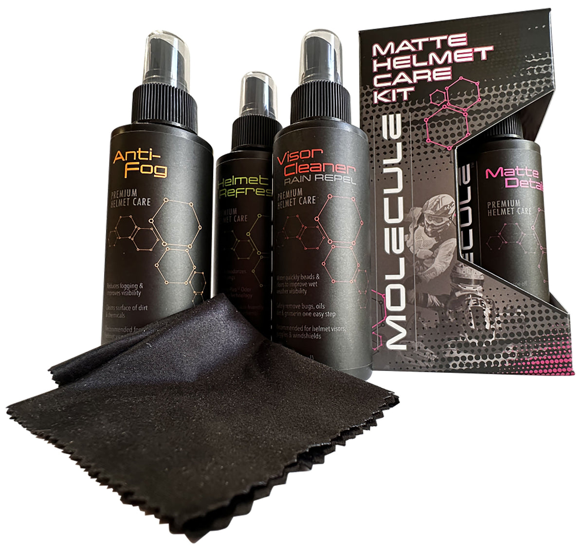 Molecule Matte Helmet Care Kit with four 4 oz bottles and microfiber cloth