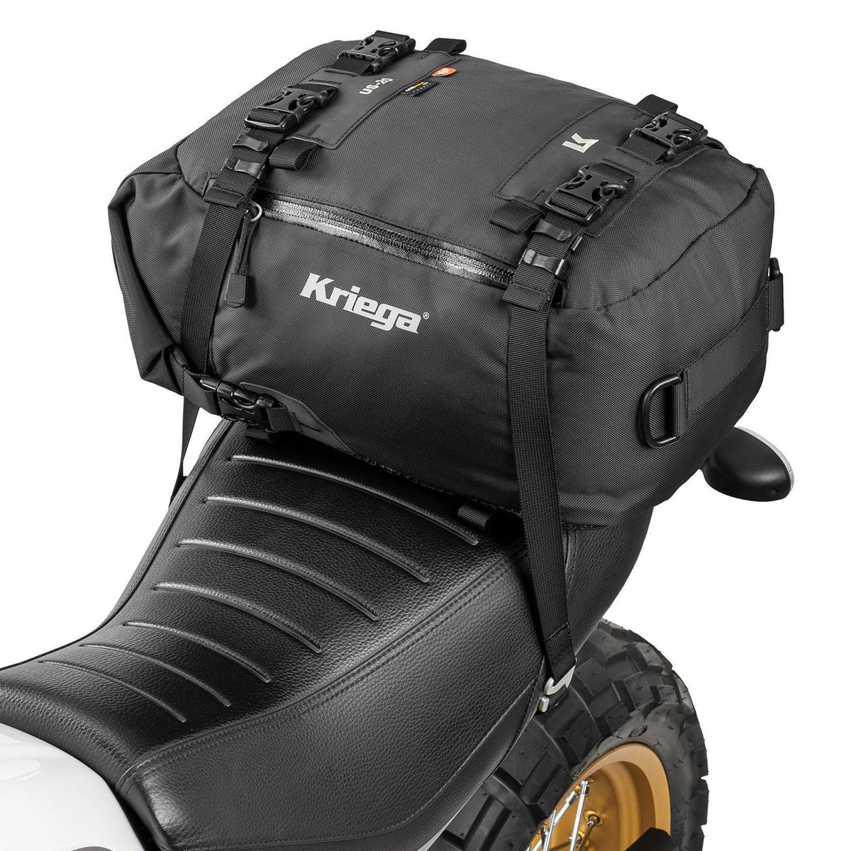Kriega US 20 Drypack mounted securely on a motorcycle passenger seat