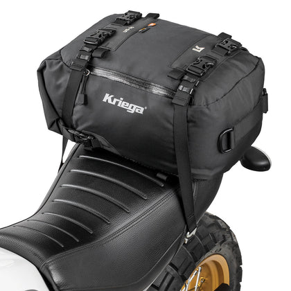 Kriega US 20 Drypack mounted securely on a motorcycle passenger seat