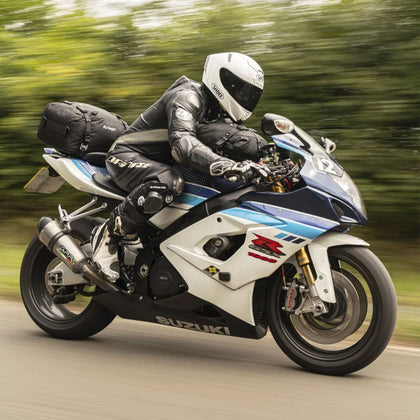 Kriega US 20 Drypack secured to a sport motorcycle while riding