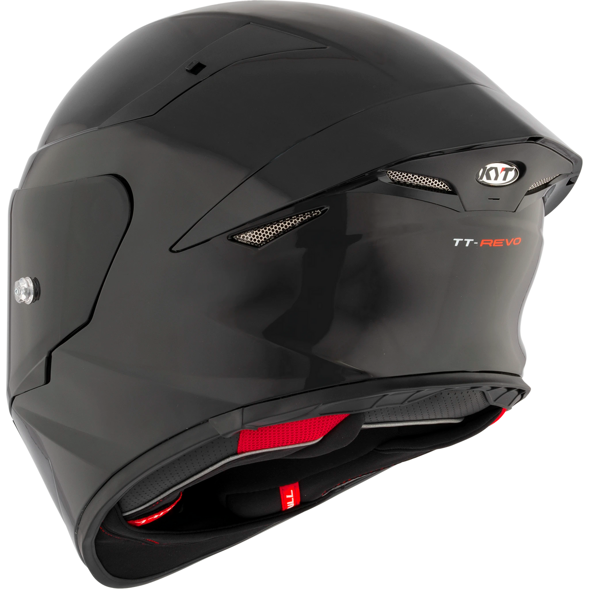 KYT TT-Revo solid full face helmet in Gloss Black, rear left view