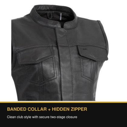 Ladies Cowhide Club Vest banded collar and hidden zipper benefit