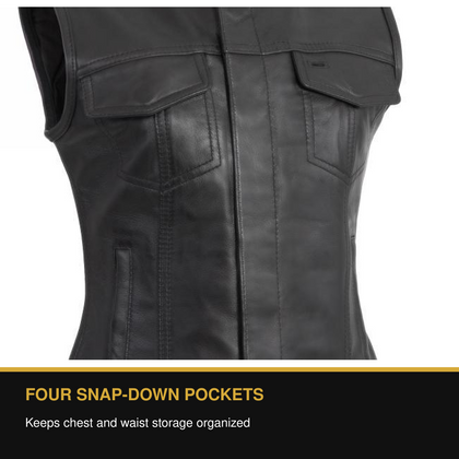 Ladies Cowhide Club Vest four snap-down exterior pockets benefit