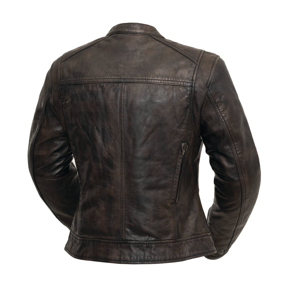 Ladies Hipster black olive leather motorcycle jacket back view