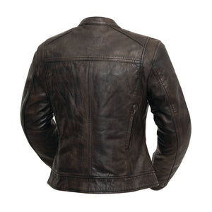 Ladies Hipster black olive leather motorcycle jacket back view