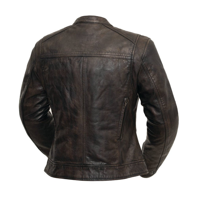 Ladies Hipster black olive leather motorcycle jacket back view