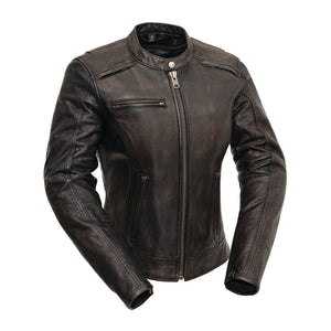 Ladies Hipster black olive leather motorcycle jacket front view