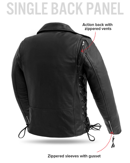 Ladies Popstar black leather motorcycle jacket back feature details