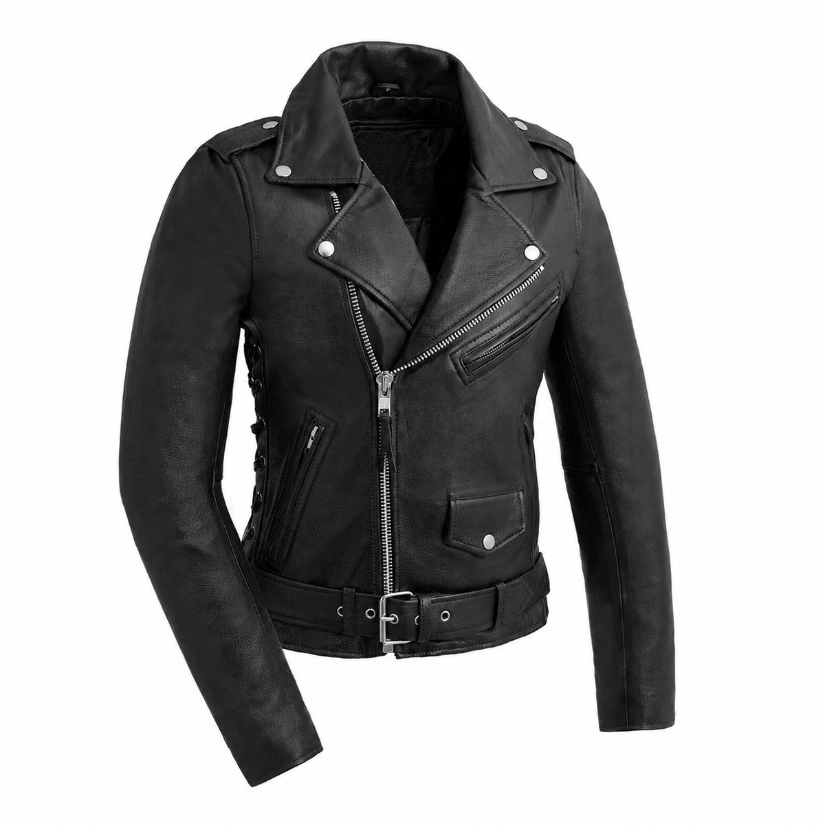 Ladies Popstar black leather motorcycle jacket front view
