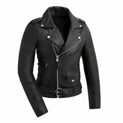 Ladies Popstar black leather motorcycle jacket front view