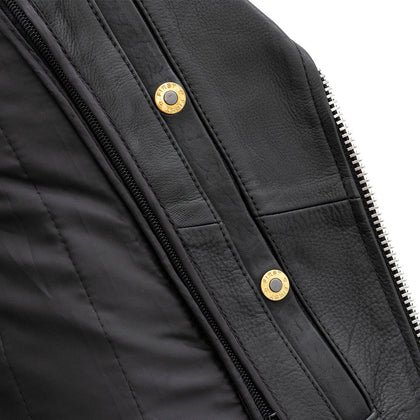 Ladies Popstar black leather motorcycle jacket interior conceal carry pocket