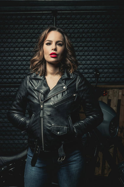 Ladies Popstar black leather motorcycle jacket worn by a model