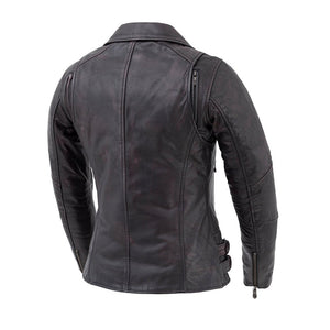 Ladies Wildside vintage black leather motorcycle jacket back view