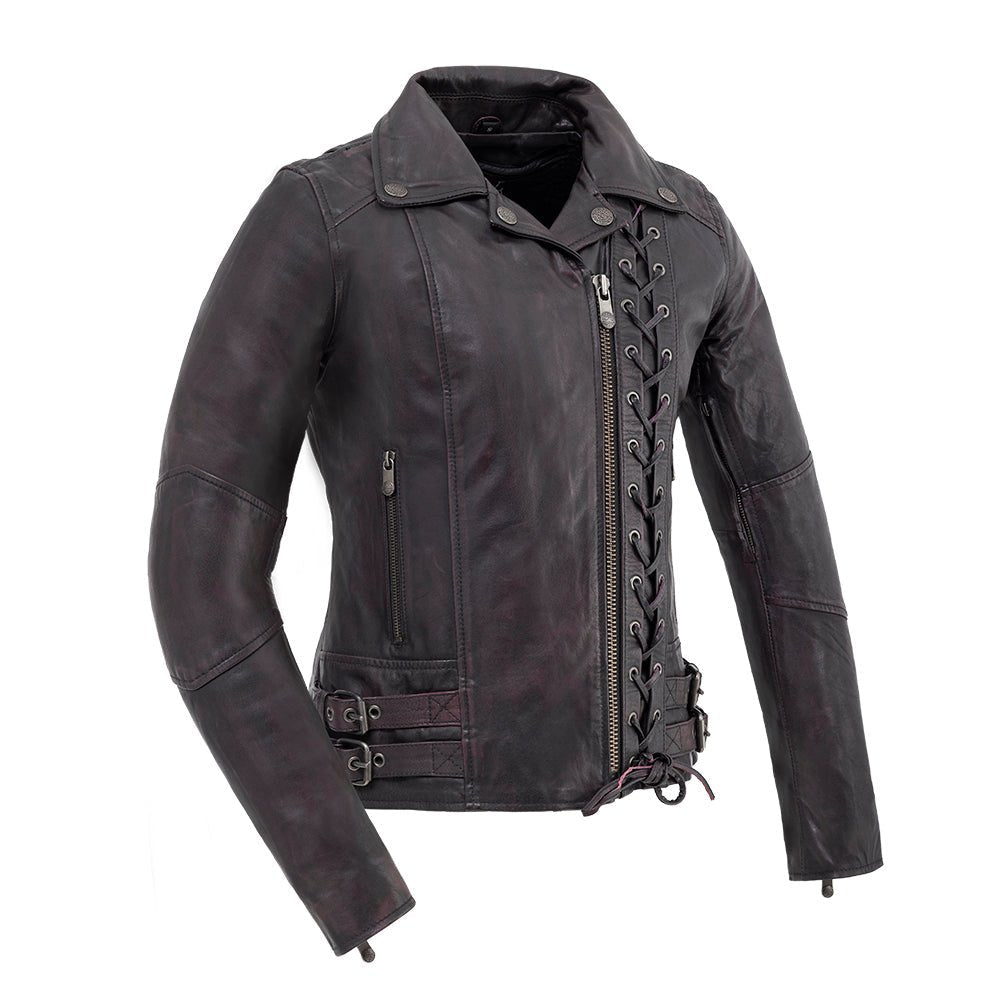 Ladies Wildside vintage black leather motorcycle jacket front view