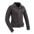 Ladies Wildside vintage black leather motorcycle jacket front view