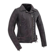 Ladies Wildside vintage black leather motorcycle jacket front view