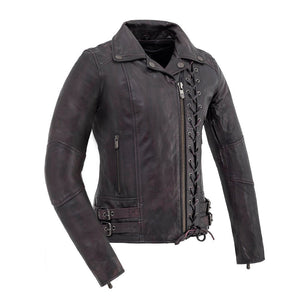 Ladies Wildside vintage black leather motorcycle jacket front view