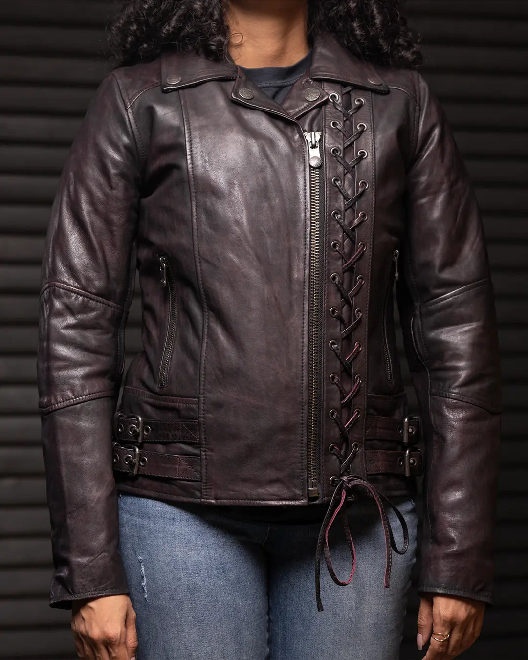 Ladies Wildside vintage leather motorcycle jacket full front view on a model