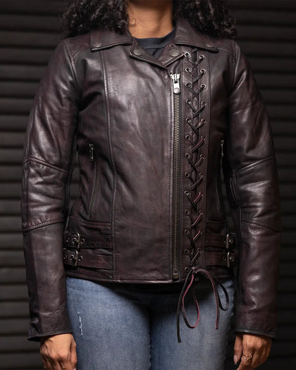 Ladies Wildside vintage leather motorcycle jacket full front view on a model