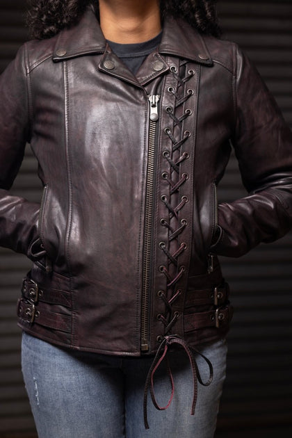 Ladies Wildside leather motorcycle jacket front lacing detail