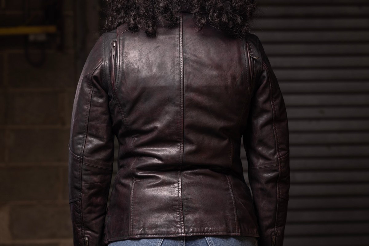 Ladies Wildside vintage leather motorcycle jacket rear view on a model