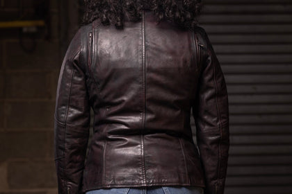 Ladies Wildside vintage leather motorcycle jacket rear view on a model