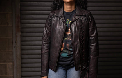 Ladies Wildside vintage leather motorcycle jacket worn by a model