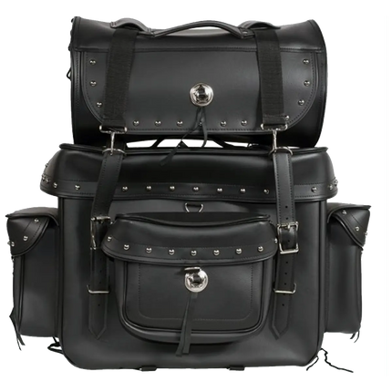 Large motorcycle sissy bar bag with studs, detachable top roll, multiple pockets, and buckle straps, measuring 17.5 x 8 x 25 inches.