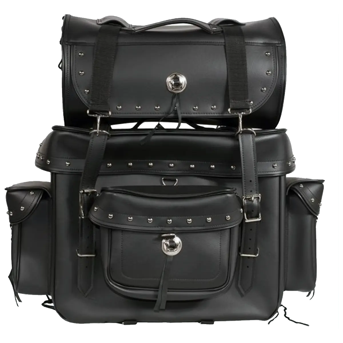 Large motorcycle sissy bar bag with studs, detachable top roll, multiple pockets, and buckle straps, measuring 17.5 x 8 x 25 inches.