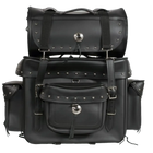 Large motorcycle sissy bar bag with studs, detachable top roll, multiple pockets, and buckle straps, measuring 17.5 x 8 x 25 inches.