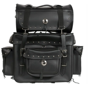 Large motorcycle sissy bar bag with studs, detachable top roll, multiple pockets, and buckle straps, measuring 17.5 x 8 x 25 inches.