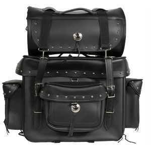 Large motorcycle sissy bar bag with studs, detachable top roll, multiple pockets, and buckle straps, measuring 17.5 x 8 x 25 inches.