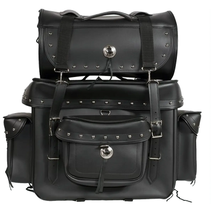 Large motorcycle sissy bar bag with studs, detachable top roll, multiple pockets, and buckle straps, measuring 17.5 x 8 x 25 inches.