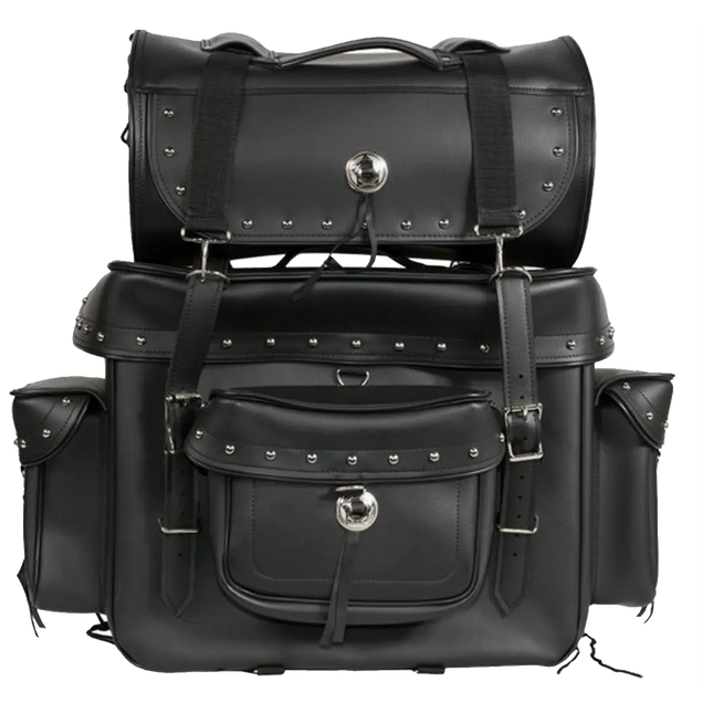 Large motorcycle sissy bar bag with studs, detachable top roll, multiple pockets, and buckle straps, measuring 17.5 x 8 x 25 inches.