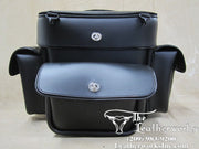 Leatherworks 113 black leather sissy bar bag, front view with exterior pockets