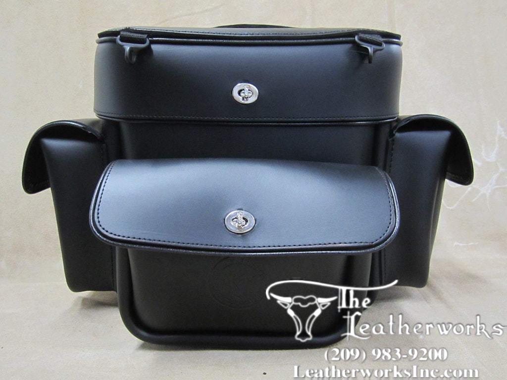Leatherworks 113 black leather sissy bar bag, front view with exterior pockets