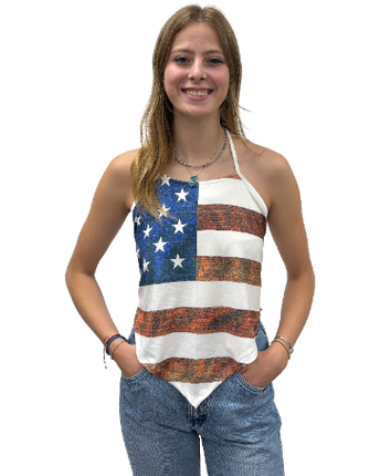 Liberty Wear Flag Tie Top, multicolor distressed American flag print, gallery view