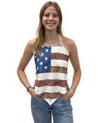 Liberty Wear Flag Tie Top, multicolor distressed American flag print, gallery view