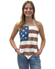 Liberty Wear Flag Tie Top, multicolor distressed American flag print, gallery view