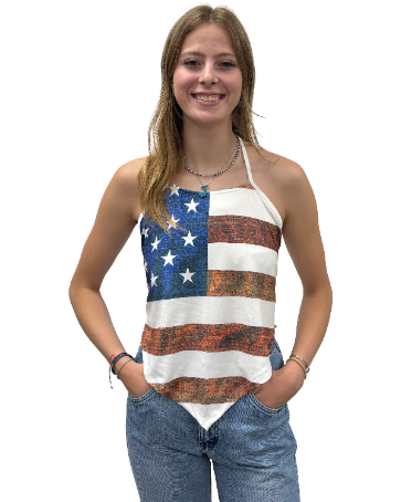 Liberty Wear Flag Tie Top, multicolor distressed American flag print, gallery view