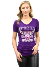 Ladies Flying Colors Shirt, purple front with lavender winged motorcycle graphic
