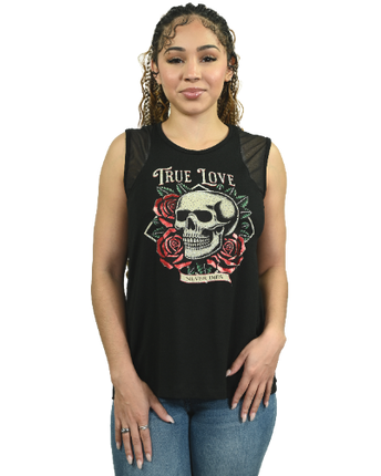 Ladies True Love Sleeveless Shirt, black skull and roses graphic, product view
