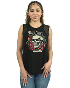 Ladies True Love Sleeveless Shirt, black skull and roses graphic, product view